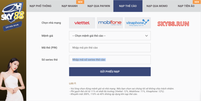 nạp tiền vào sky88 bằng thẻ cào